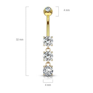 Oro 14 kt Piercing Ombelico Pendente con 3 Zirconi