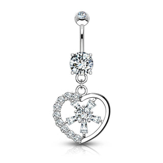 Oro 14 kt Piercing Ombelico Pendente a cuore in zirconi
