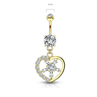 Oro 14 kt Piercing Ombelico Pendente a cuore in zirconi