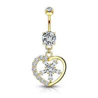 Oro 14 kt Piercing Ombelico Pendente a cuore in zirconi