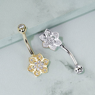 Oro 14 kt Piercing Ombelico Fiore in zirconi