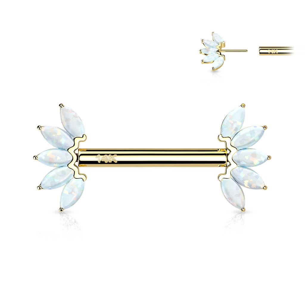 Solid Gold 14 Carat Nipple Piercing 5 Marquise Opal Push-In