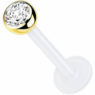 Solid Gold 14 Carat Labret Ball Flat Zirconia Push-In