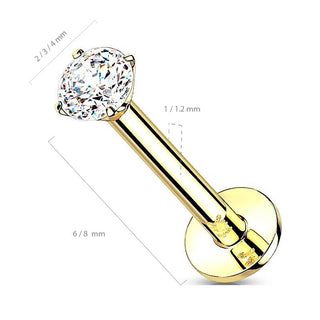 Solid Gold 14 Carat Labret Round Zirconia Push-In