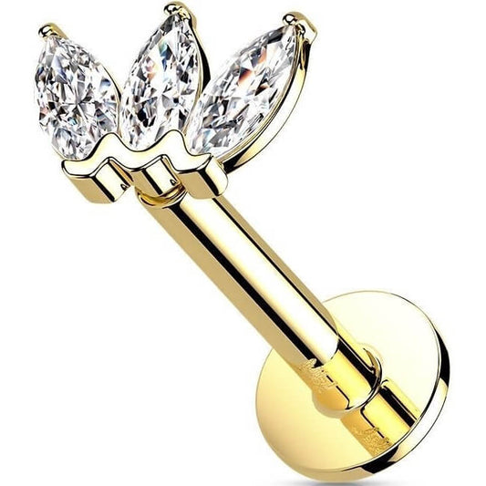 Solid Gold 14 Carat Labret Marquise 3 Zirconia Push-In