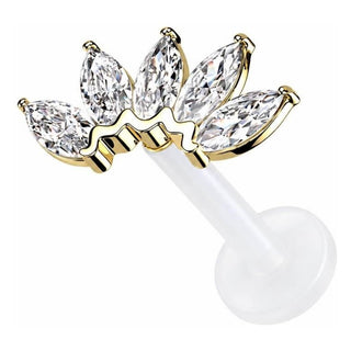 Solid Gold 14 Carat Labret Marquise 5 Zirconia Push-In