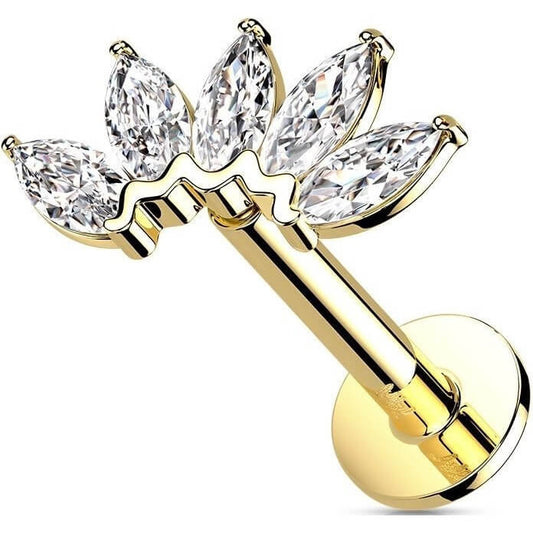 Solid Gold 14 Carat Labret Marquise 5 Zirconia Push-In