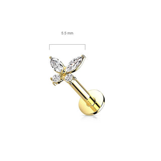 Solid Gold 14 Carat Labret Butterfly Zirconia Push-In