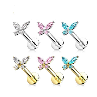 Solid Gold 14 Carat Labret Butterfly Zirconia Push-In