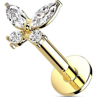 Solid Gold 14 Carat Labret Butterfly Zirconia Push-In