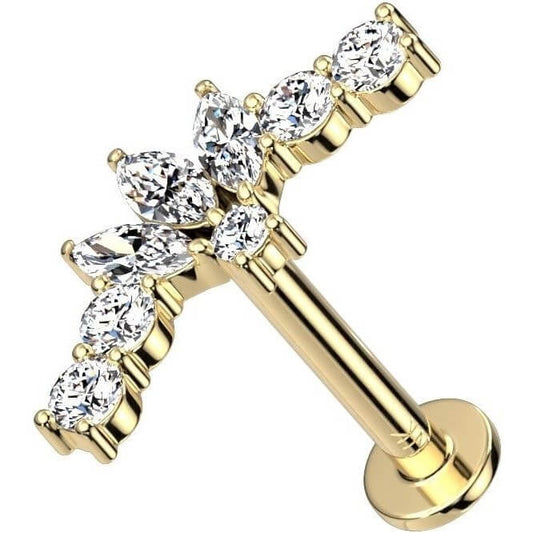 Solid Gold 14 Carat Labret Marquise Zirconia Push-In