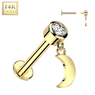 Or 14kt Labret Pendentif Lune Zircone Filetage Interne