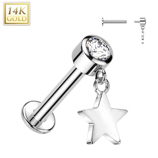 Or 14kt Labret Etoile Zircone Serti Clos Filetage Interne