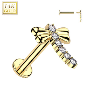 Solid Gold 14 Carat Labret dragonfly zirconia Internally Threaded