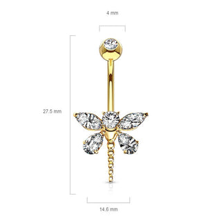 Solid Gold 14 Carat Belly Button Piercing Dragonfly Zirconia