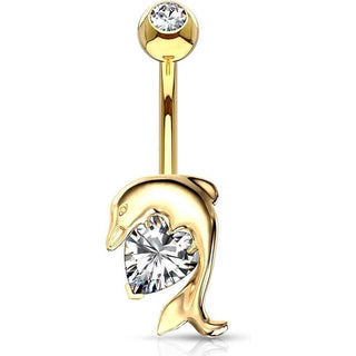 Solid Gold 14 Carat Belly Button Piercing Dolphin Zirconia