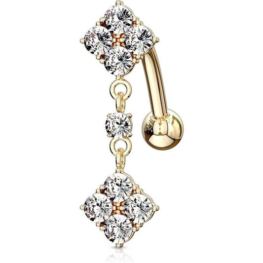 Solid Gold 14 Carat Belly Button Piercing Top Down Square Zirconia Dangle