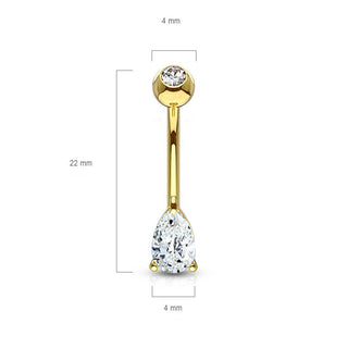 Solid Gold 14 Carat Belly Button Piercing TearDrop Zirconia