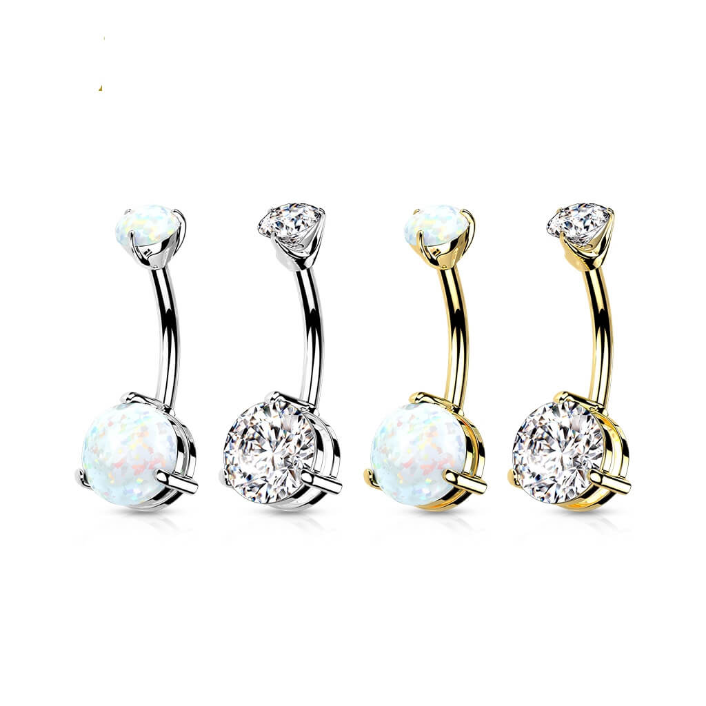 Solid Gold 14 Carat Belly Button Piercing Zirconia Opal Round