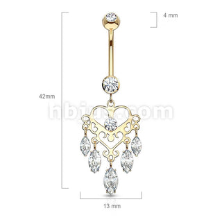 Or 14kt Piercing Nombril Pendentif Couronne Chandelier Zircone