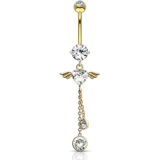 Or 14kt Piercing Nombril Pendentif Ailes d´Ange Zircone