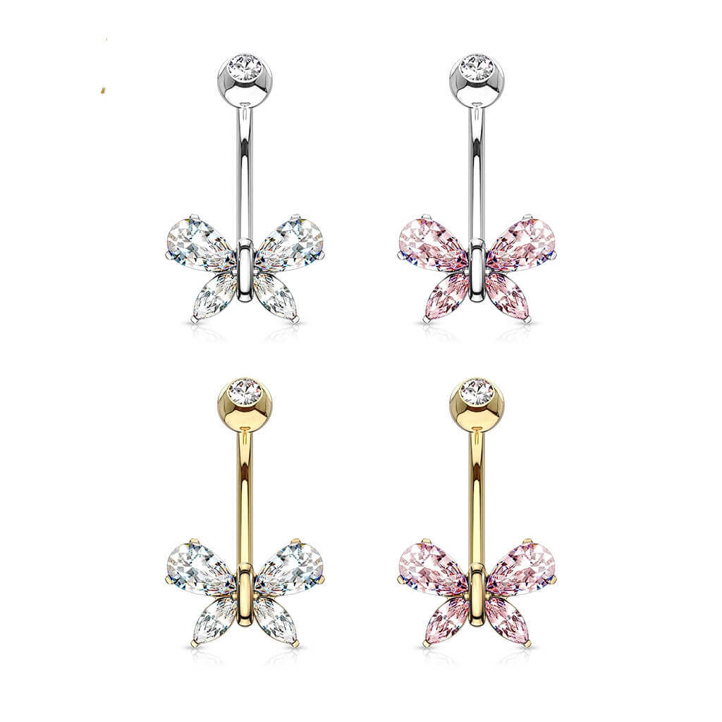 Solid Gold 14 Carat Belly Button Piercing Butterfly Zirconia