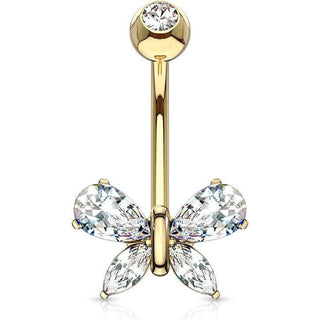 Solid Gold 14 Carat Belly Button Piercing Butterfly Zirconia