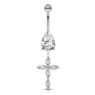 Or 14kt Piercing Nombril Pendentif Croix Zircone