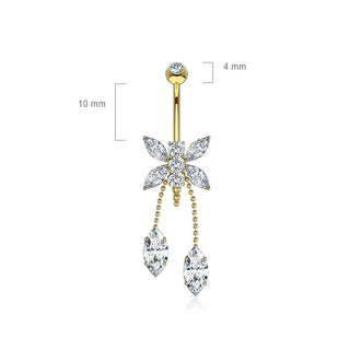 Or 14kt Piercing Nombril Pendentif Libellule Gouttes Zircone