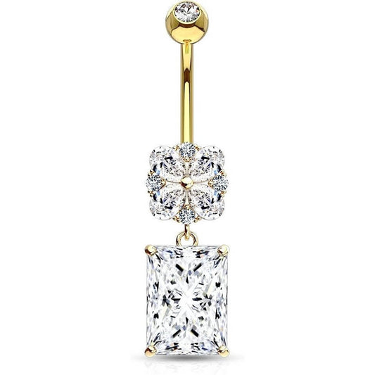 Solid Gold 14 Carat Belly Button Piercing Zirconia Square dangle