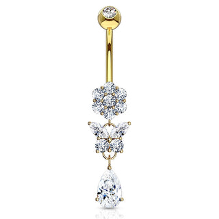 Or 14kt Piercing Nombril Pendentif Papillon Zircone