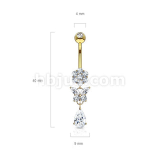 Or 14kt Piercing Nombril Pendentif Papillon Zircone