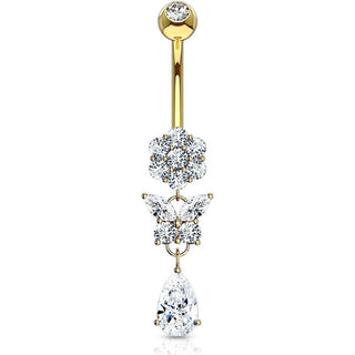 Or 14kt Piercing Nombril Pendentif Papillon Zircone