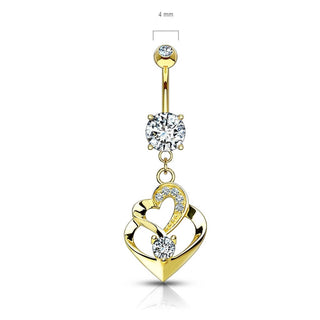 Or 14kt Piercing Nombril Pendentif Double Cœur Zircone