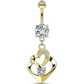 Or 14kt Piercing Nombril Pendentif Double Cœur Zircone