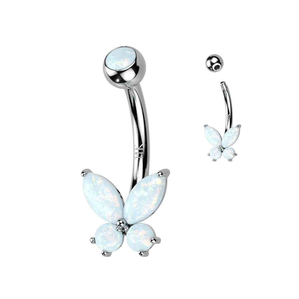Solid Gold 14 Carat Belly Button Piercing Butterfly Zirconia Opal