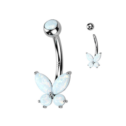 Solid Gold 14 Carat Belly Button Piercing Butterfly Zirconia Opal