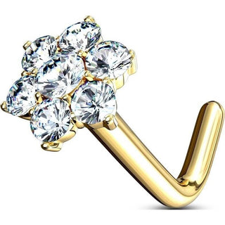 Solid Gold 14 Carat Nose L-Shape Flower Zirconia