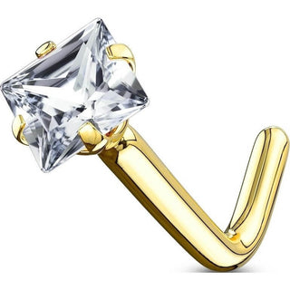 Solid Gold 14 Carat Nose L-Shape Zirconia Square