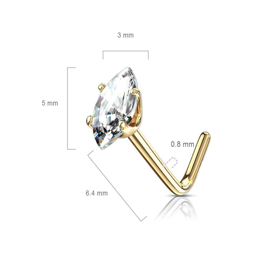 Solid Gold 14 Carat Nose L-Shape Marquise Cut Zirconia