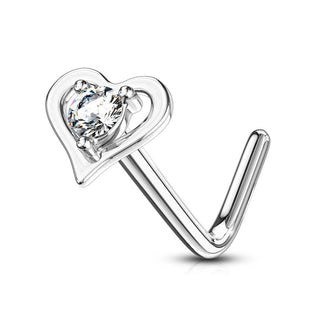 Solid Gold 14 Carat Nose L-Shape Heart Zirconia