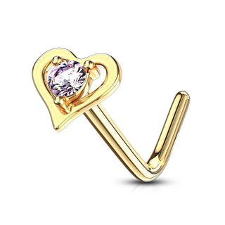 Solid Gold 14 Carat Nose L-Shape Heart Zirconia