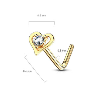 Solid Gold 14 Carat Nose L-Shape Heart Zirconia