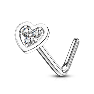 Solid Gold 14 Carat Nose L-Shape Heart Zirconia