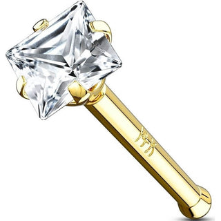 Solid Gold 14 Carat Nose Stud Zirconia Square