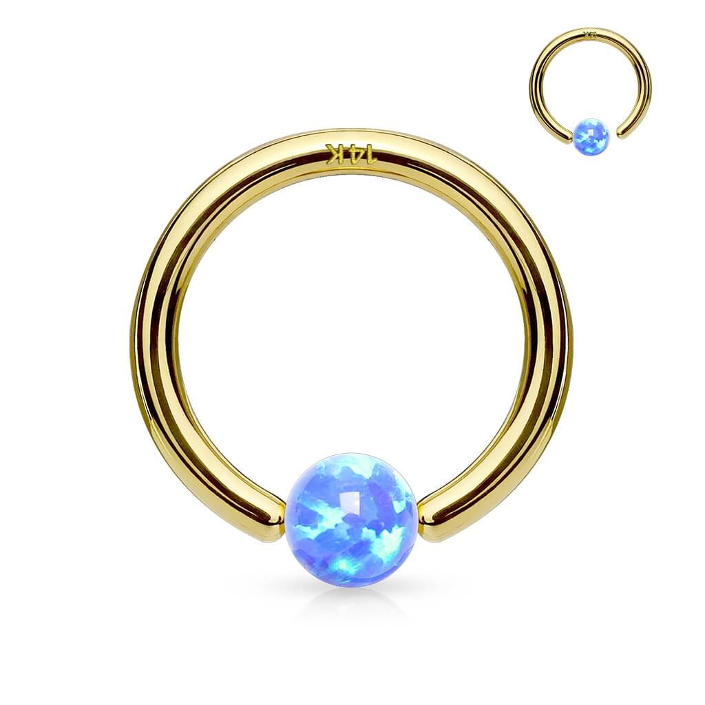 Solid Gold 14 Carat Ring sphere Opal Captive Bead