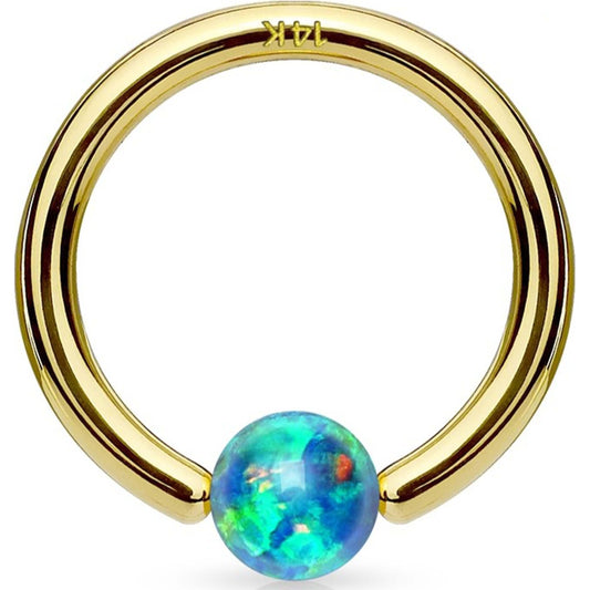 Solid Gold 14 Carat Ring sphere Opal Captive Bead