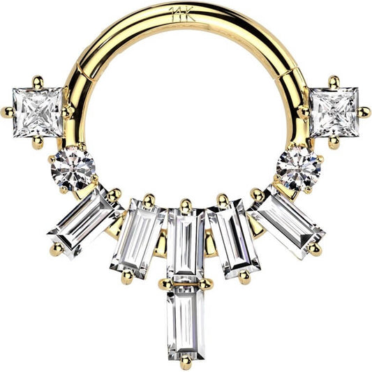 Solid Gold 14 Carat Ring baguette fan princess cut zirconia Clicker