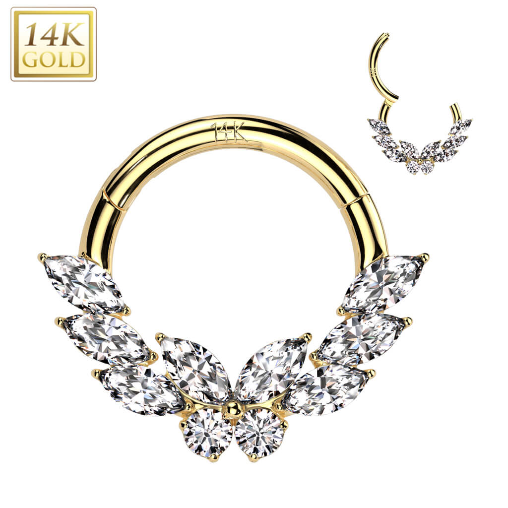 Solid Gold 14 Carat Ring butterfly marquise zirconia Clicker