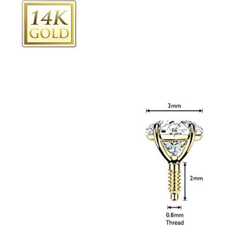 Solid Gold 14 Carat Labret Heart Shaped Zirconia Internally Threaded